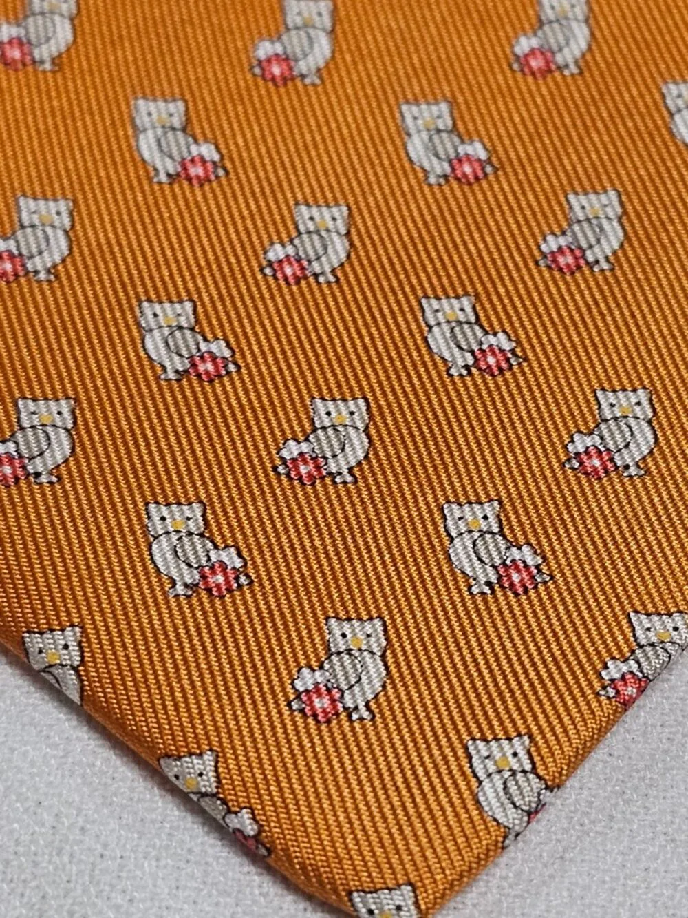 Salvatore Ferragamo Owl Print Men's Silk Tie Orange Background